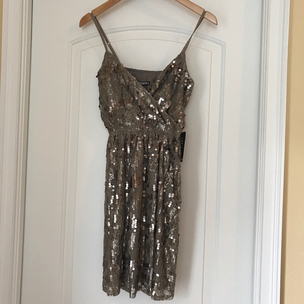 Express Sequined Dress Cocktail Taupe Tan XS NWT